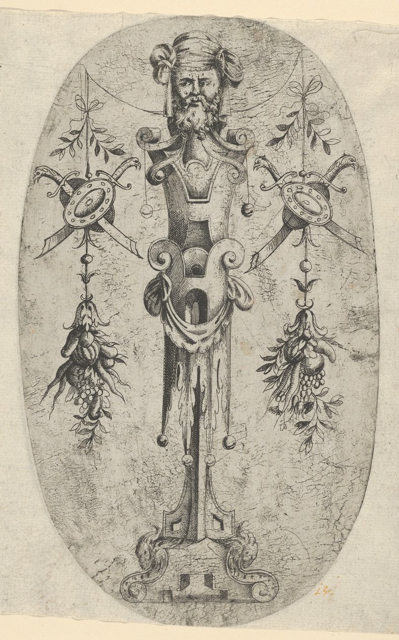 Manlig ändfigur, huvud med skägg och turban på en trekvarts remspindel..., ca. 1543-45. av Jean Mignon