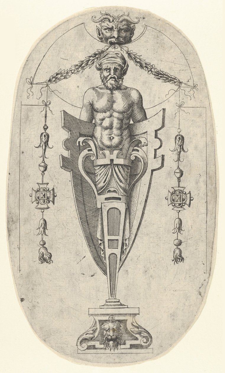 Manlig ändfigur, torso med skägg och turban på en halvlång piedestal innesluten ..., ca. 1543. av Jean Mignon
