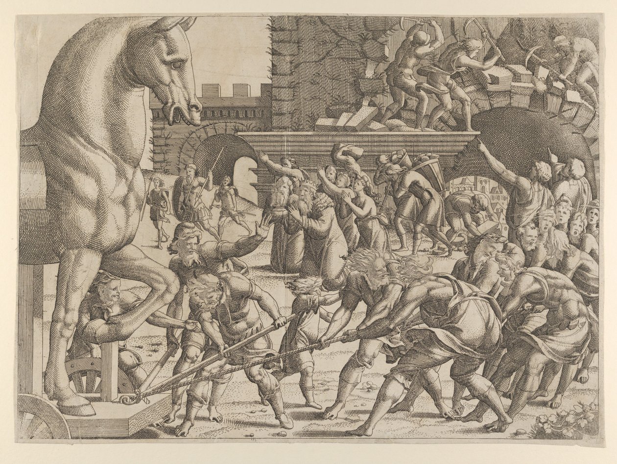 Trojanerna tar med trähästen in i sin stad, 1535-55. av Jean Mignon