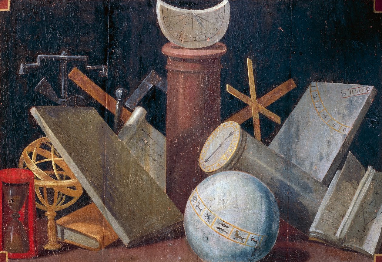 Vetenskapliga och astronomiska instrument, ca 1620, panelmålning av Jean Mosnier (1600-1656). Beauregard slott, Loir-et-Cher, Frankrike. av Jean Monier or Mosnier