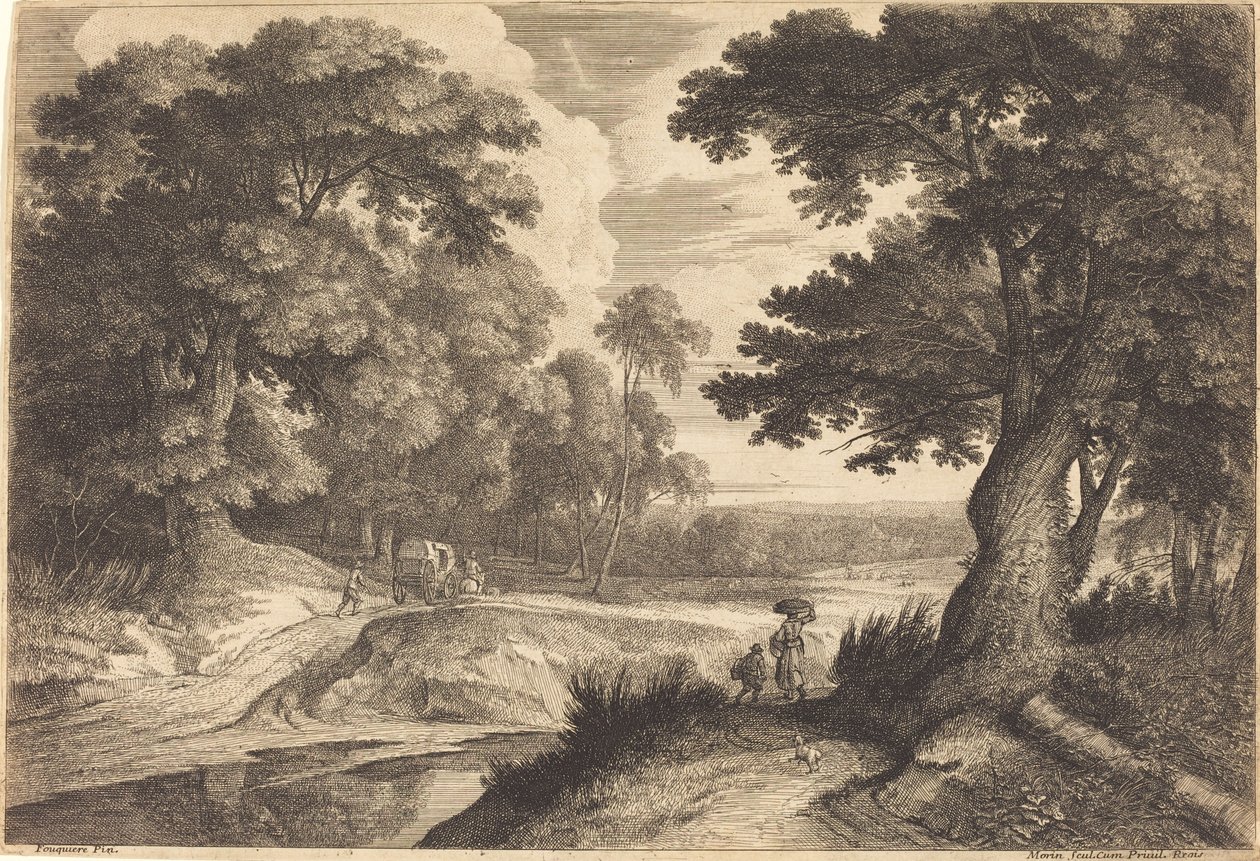 Edge of a Wood med bönder som går till marknaden av Jean Morin, after Jacques Fouquières