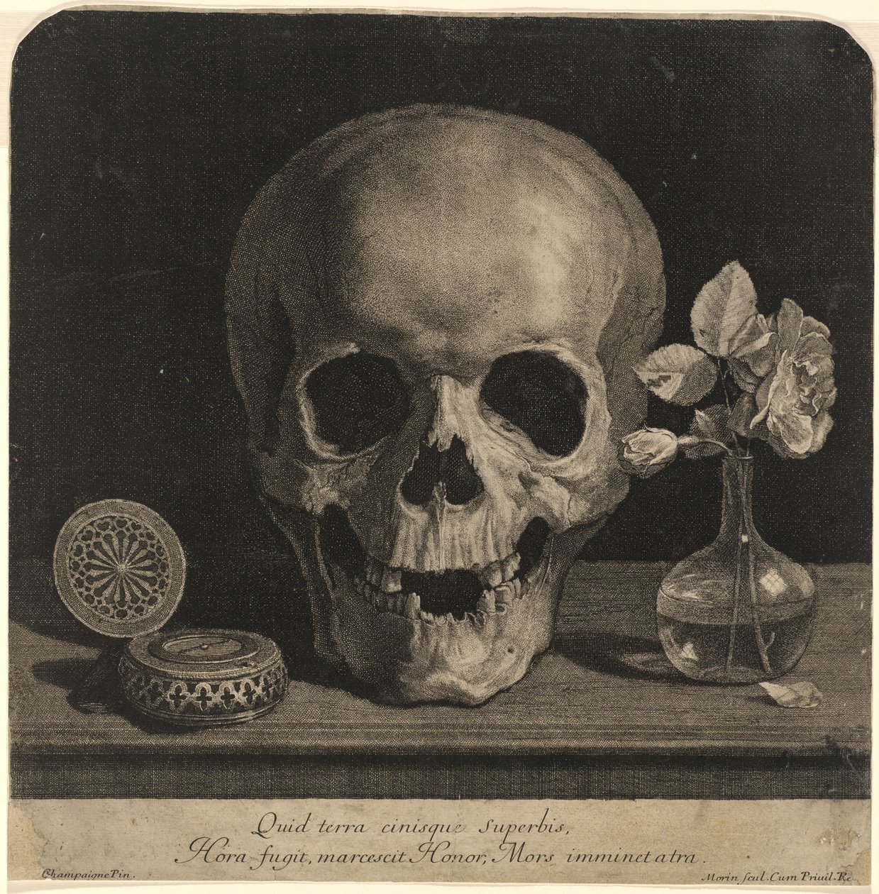 Stilleben med en dödskalle och en vas med rosor av Jean Morin, after Philippe de Champaigne