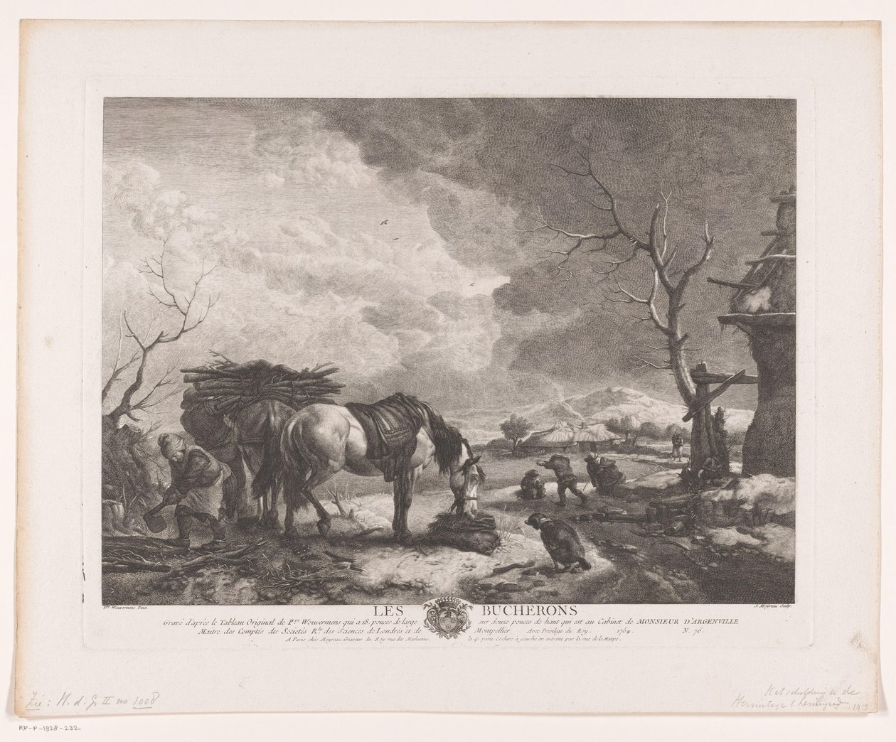 Skogshuggare i ett vinterlandskap Les Bucherons (titel på objekt) Tryck efter målningar av Philips Wouwerman (serietitel) Oeuvres de Ph.pe Wouwermans Hollandois (serietitel) av Jean Moyreau