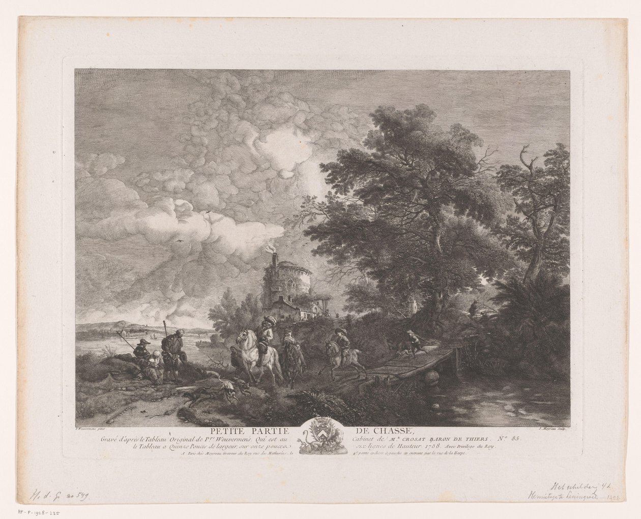 Jaktgrupp i ett landskap med en bro Petite Partie de Chasse (titel på objekt) Tryck efter målningar av Philips Wouwerman (serietitel) Oeuvres de Ph.pe Wouwermans Hollandois (serietitel) av Jean Moyreau