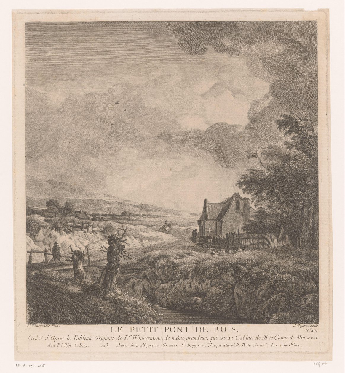 Landskap med ett hus längs en stig över en bro Le petit pont de bois (titel på objekt) Tryck efter målningar av Philips Wouwerman (serietitel) Verk av Ph.pe Wouwermans Hollandois (serietitel) av Jean Moyreau