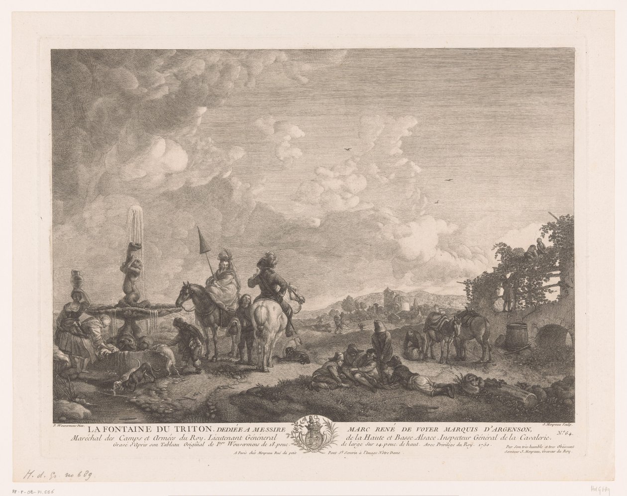 Landskap med figurer vid en fontän La Fontaine du Triton (titel på objekt) Tryck efter målningar av Philips Wouwerman (serietitel) Oeuvres de Ph.pe Wouwermans Hollandois (serietitel) av Jean Moyreau