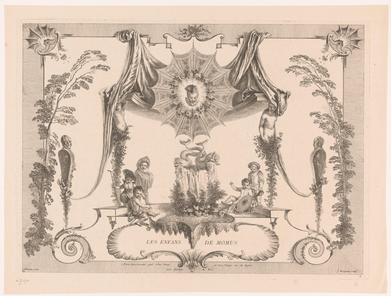 Design för panel med barn vid en fontän Les Enfans de Momus (titel på objekt) Oeuvre av Antoine Watteau (serietitel) L