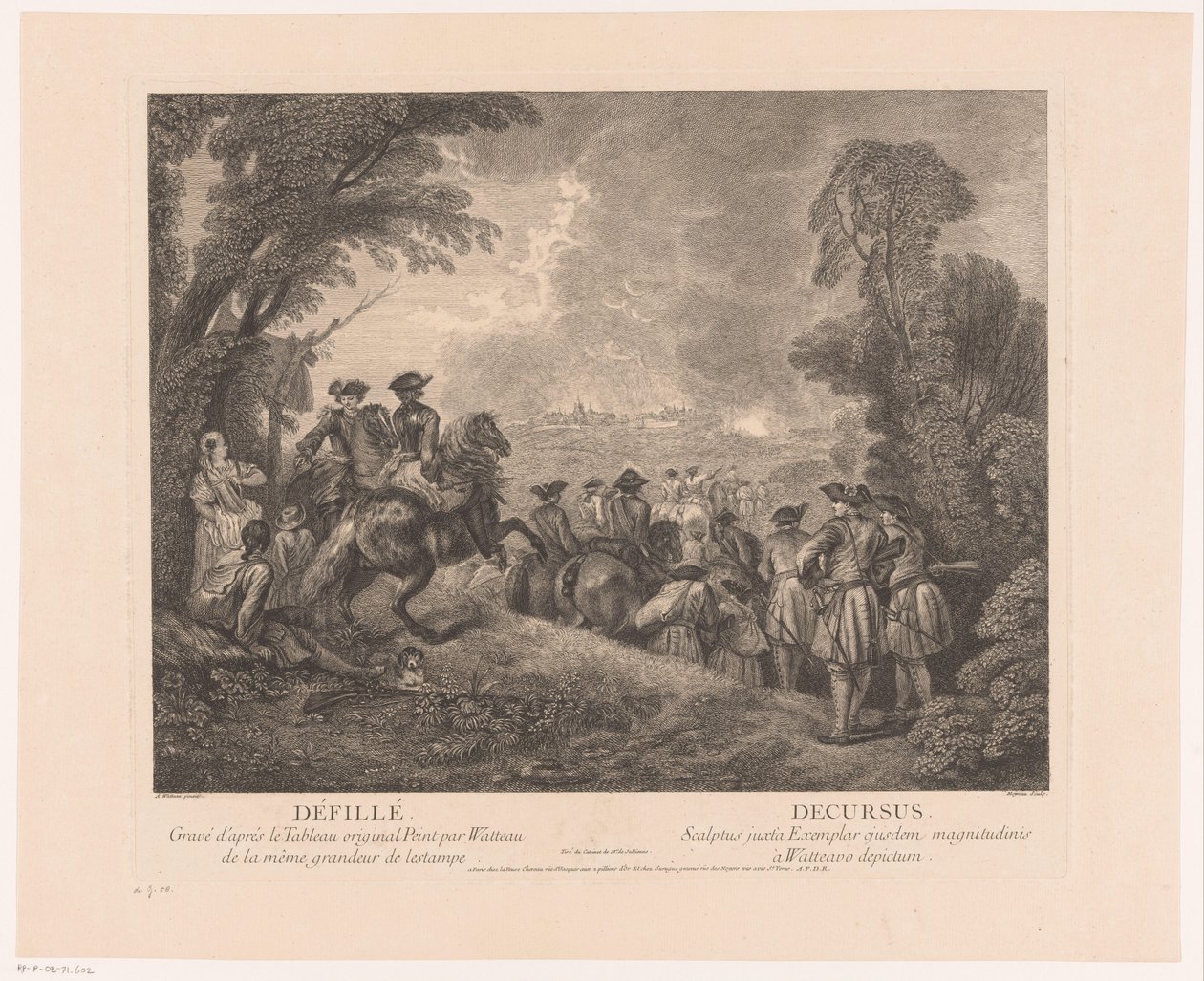 Procession med soldater på väg till en stad Défillé - Decursus (titel på objekt) Verk av Antoine Watteau (serietitel) Verk av Antoine Watteau, peintre du roy en son Academie roïale de peinture et sculpture (...) (serietitel) av Jean Moyreau