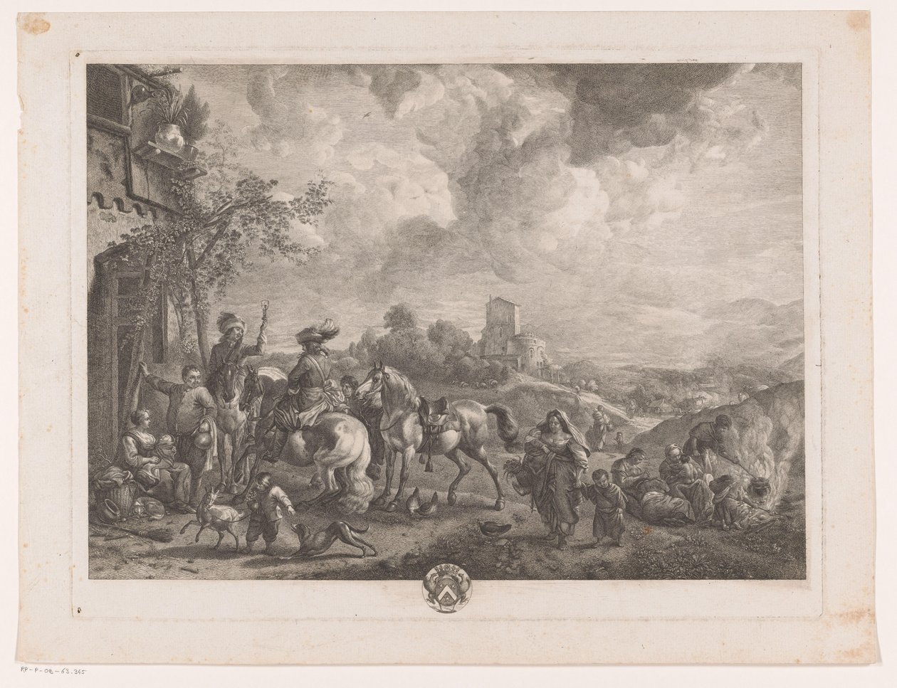 Resenärer för ett värdshus Les Bohemians Tryck efter målningar av Philips Wouwerman (serietitel) Oeuvres de Ph.pe Wouwermans Hollandois (serietitel) av Jean Moyreau