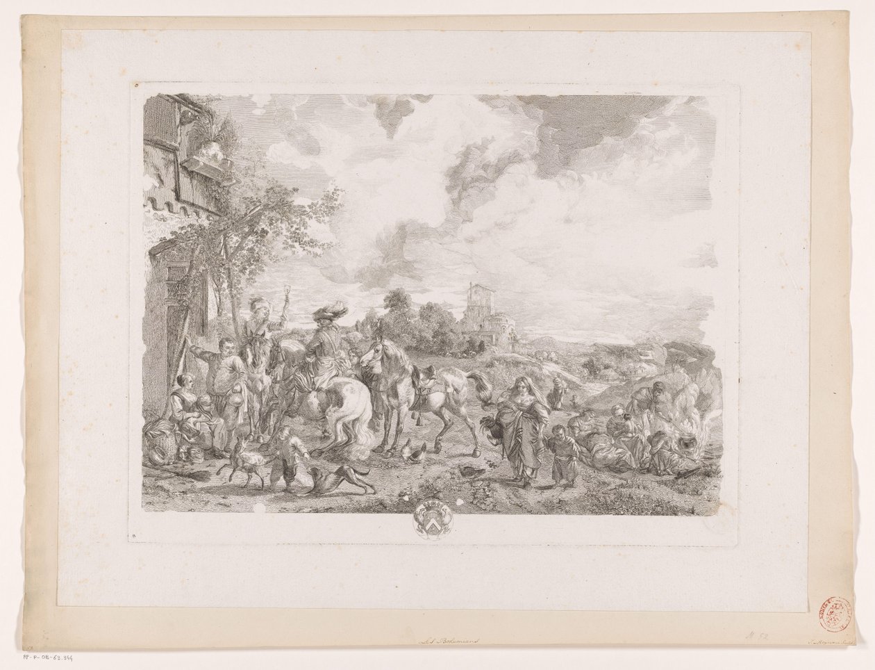 Resenärer för ett värdshus Les Bohemians Tryck efter målningar av Philips Wouwerman (serietitel) Oeuvres de Ph.pe Wouwermans Hollandois (serietitel) av Jean Moyreau