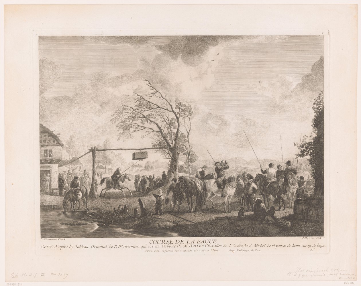 Ringskylt på ett värdshus Cours de la bague (titel på objekt) Tryck efter målningar av Philips Wouwerman (serietitel) Verk av Ph.pe Wouwermans Hollandois (serietitel) av Jean Moyreau