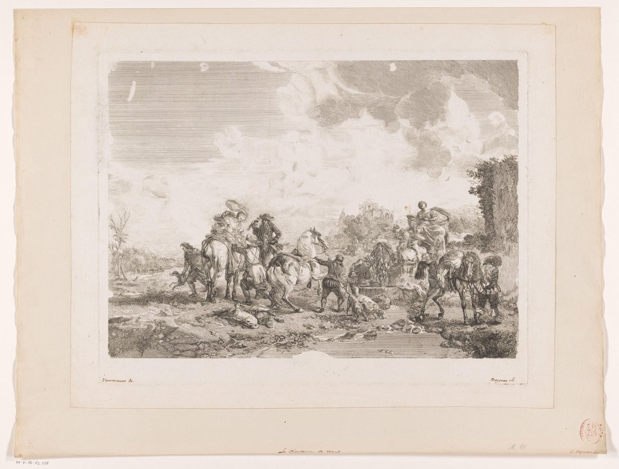 Vilande jaktsällskap vid en fontän La Fontaine de Venus Tryck efter målningar av Philips Wouwerman (serietitel) Oeuvres de Ph.pe Wouwermans Hollandois (serietitel) av Jean Moyreau
