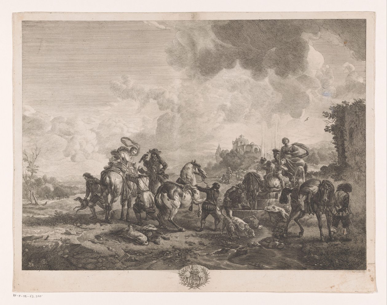 Vilande jaktsällskap vid en fontän La Fontaine de Venus Tryck efter målningar av Philips Wouwerman (serietitel) Oeuvres de Ph.pe Wouwermans Hollandois (serietitel) av Jean Moyreau