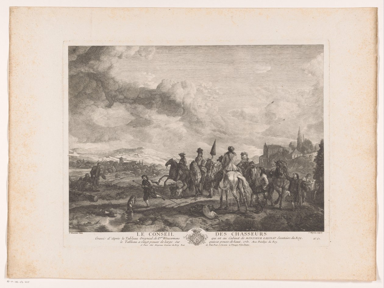 Vilande jaktsällskap i ett landskap Le Conseil des Chasseurs (titel på objekt) Tryck efter målningar av Philips Wouwerman (serietitel) Oeuvres de Ph.pe Wouwermans Hollandois (serietitel) av Jean Moyreau