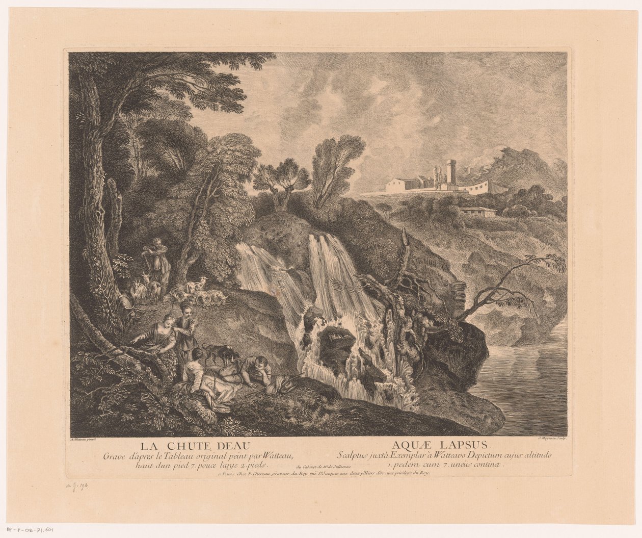 Rustende figurer vid en vattenval Vattenfallet - Aquae Lapsus (titel på objekt) Verk av Antoine Watteau (serietitel) Verk av Antoine Watteau, kungens målare i hans Royal Academy of Painting and Sculpture (...) (serietitel) av Jean Moyreau