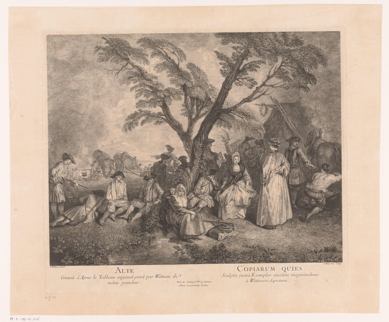 Rustende resenärer vid ett stopp Alte - Copiarum Quies (titel på objekt) Verk av Antoine Watteau (serietitel) Verk av Antoine Watteau, kungens målare i hans Royal Academy of Painting and Sculpture (...) (serietitel) av Jean Moyreau
