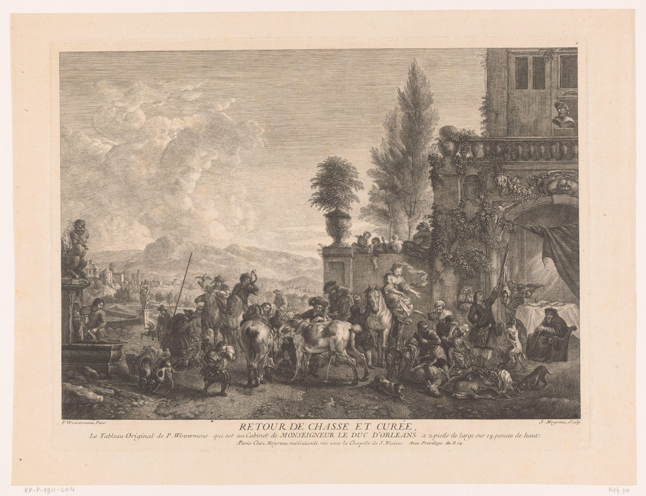 Återkommande jaktsällskap Return de chasse et curée (titel på objekt) Tryck efter målningar av Philips Wouwerman (serietitel) Verk av Ph.pe Wouwermans Hollandois (serietitel) av Jean Moyreau