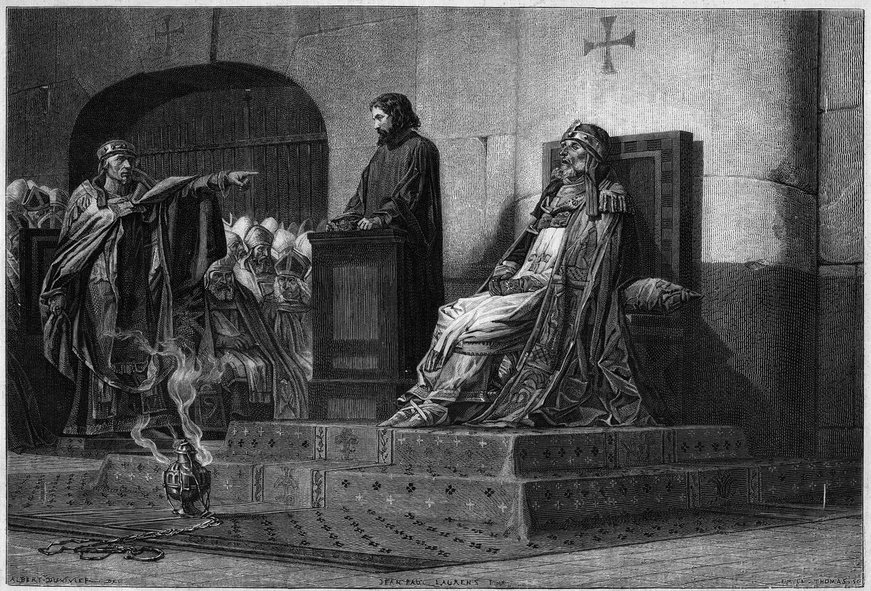 Påven Formosa och Stefan VII. Cadaveric Council, 897: liket av påven Formosa (påven 891 till 896), iklädd sina påvliga kläder, jämförd inför en synodalförsamling som presiderade av påven Stephen VI eller VII (påven 896 till 897), vid uppgravningens ursprun av Jean Paul (after) Laurens