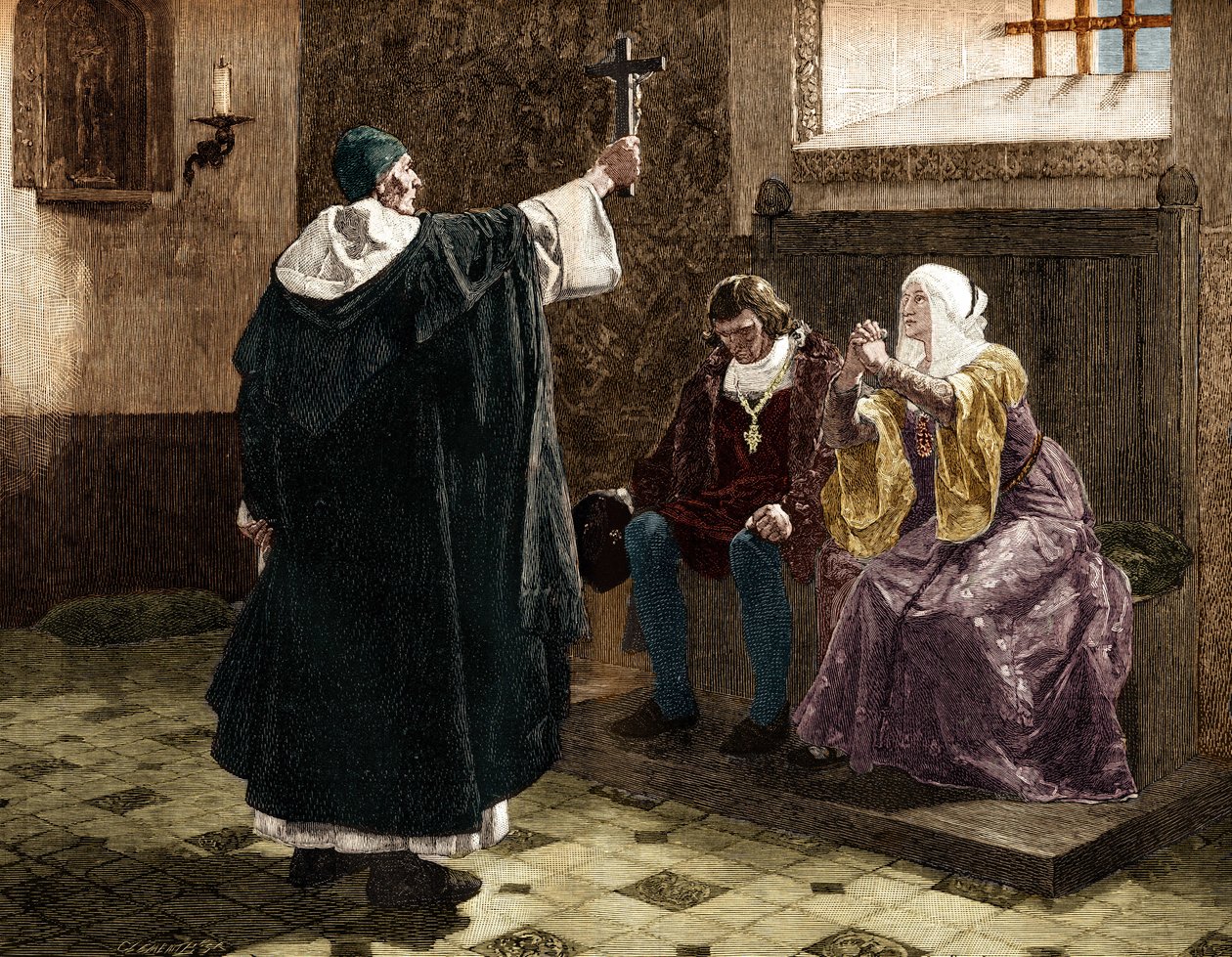 Den store spanska inkvisitorn, Fray Tomas de Torquemada (1420-1498), bland de katolska kungarna Ferdinand II och Isabella 1:a av Kastilien av Jean Paul (after) Laurens