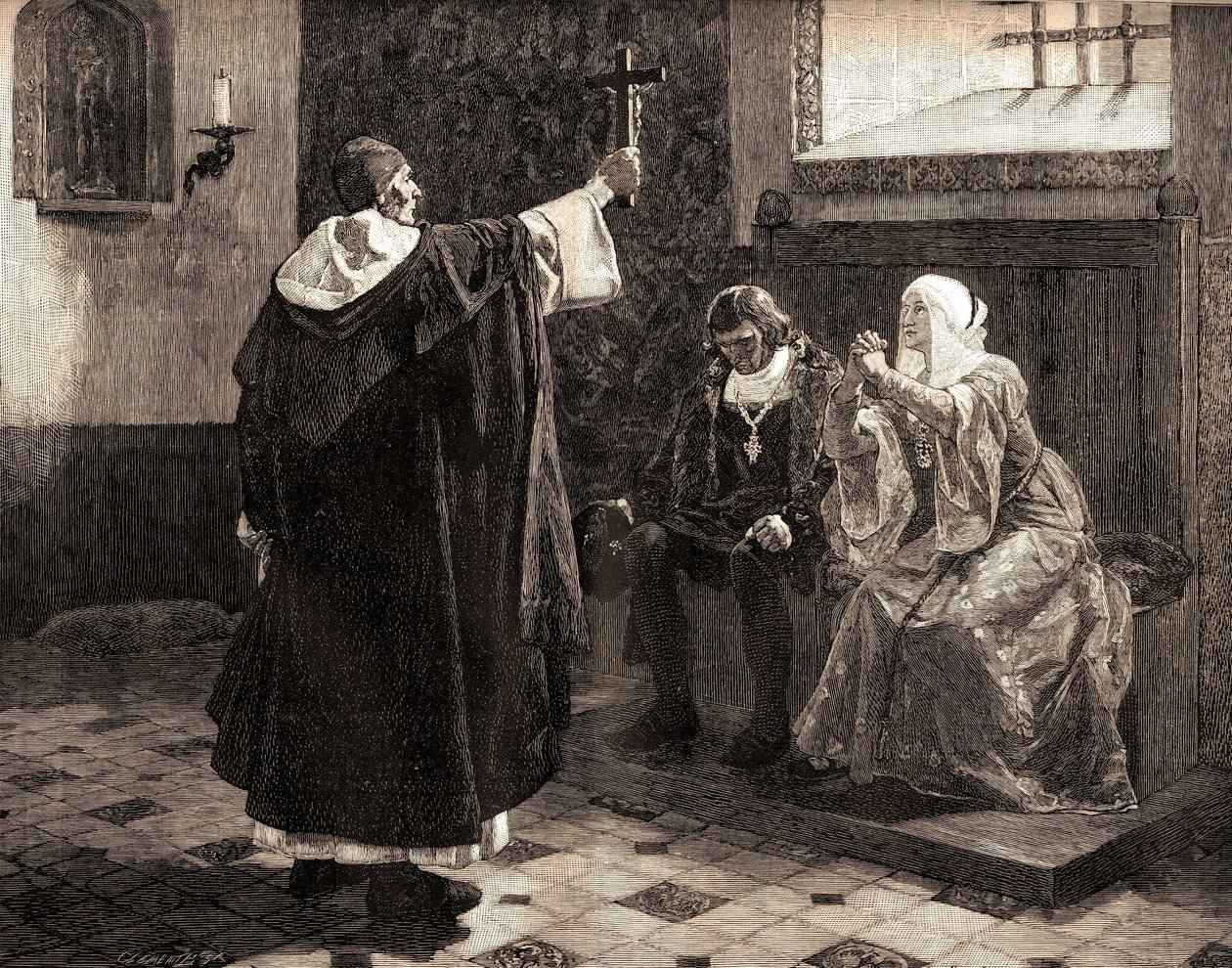 Den store spanske inkvisitorn Fray Tomas de Torquemada (1420-1498), bland de katolska kungarna Ferdinand II av Aragon och Isabella av Kastilien av Jean Paul (after) Laurens