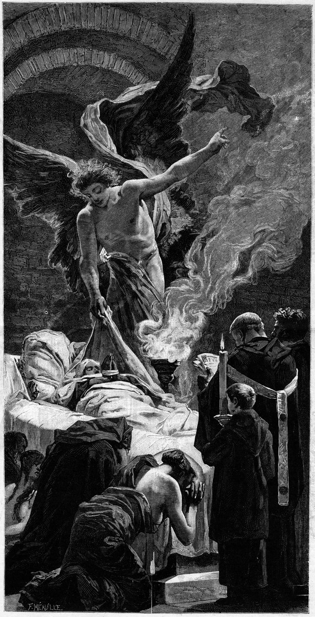 Förvandlingen av Saint Genevieve. Gravyr efter fresken av Jean Paul Laurens (1838-1921) vid Pantheon i Paris. I "" The Illustrous World"" nr 1312 av 20 maj av Jean Paul (after) Laurens