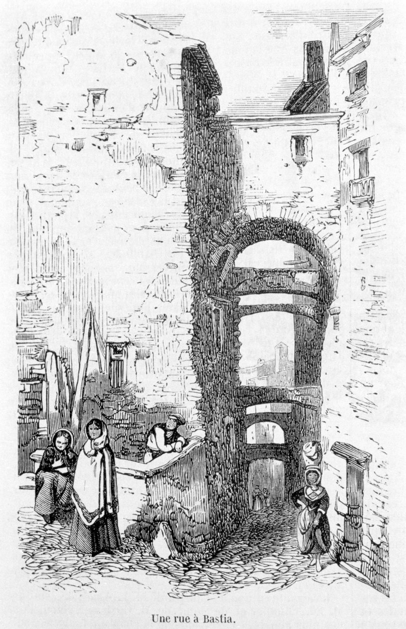 Gatan i Bastia. Korsika. Gravyr av Laurens. av Jean Paul Laurens