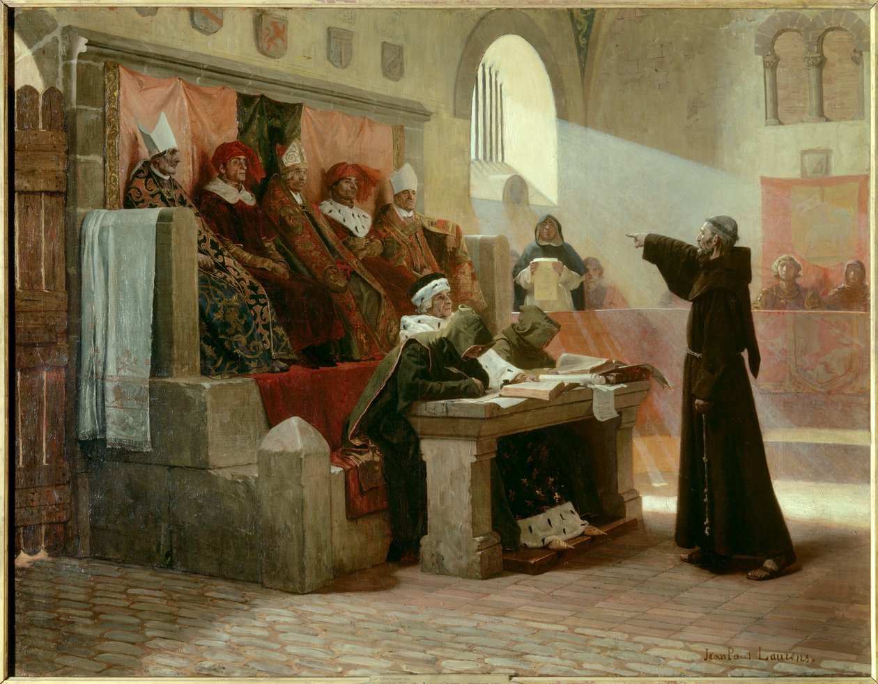 Albigeoise Inquisition: "Agitatorn i Languedoc Bernard Delicieux (1260-1318), franciskanermunk under sin rättegång." Domens scen: på första raden i mitten, vänd mot Bernard Delicieux, är den store inkvisitorn omgiven av två religiösa, bakom av Jean Paul Laurens