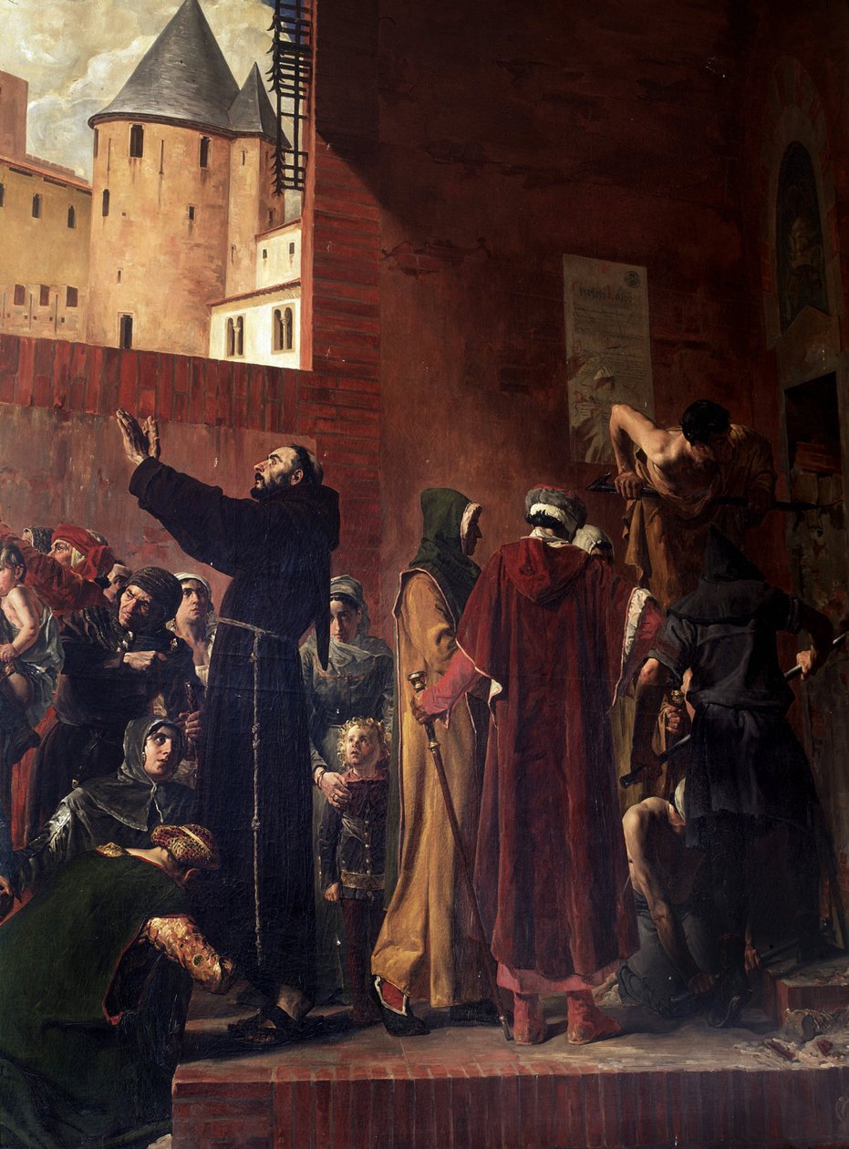 Delivrance des embmures de Carcassonne I augusti 1303 kommer folket i Carcassonne och Albi för att riva ut de många fångarna som de innehöll från inkvisitionens fängelsehålor - Bernard Delicieux försöker hålla tillbaka folkmassan som hans tal roade - Refor av Jean Paul Laurens