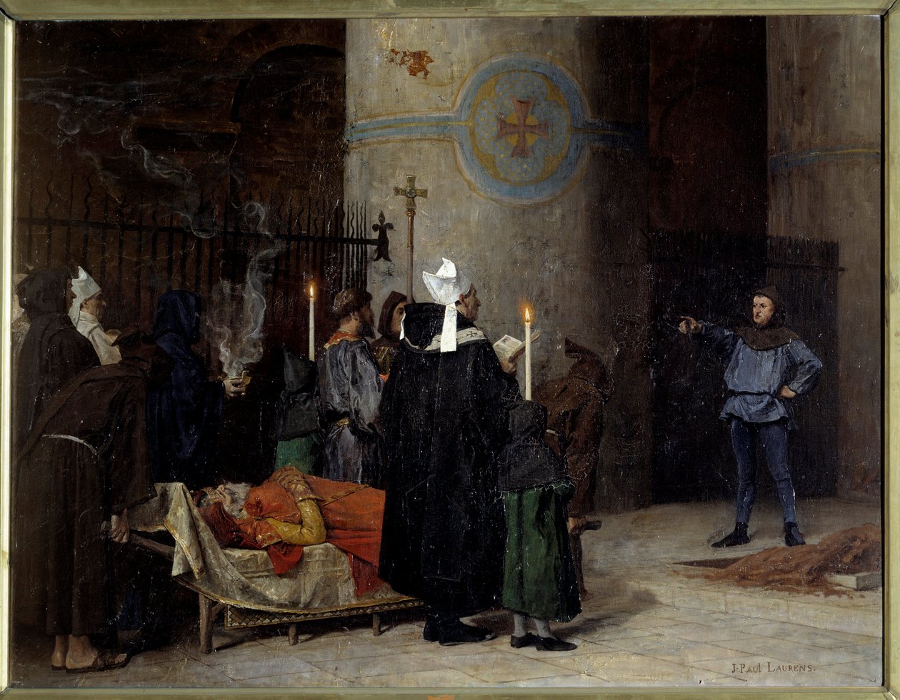 Begravning av Vilhelm Erövraren (1027-1087), kung av England från 1066 till 1087 (1087), i Abbey aux Hommes (Abbey-au-Hommes) i Caen. En man vid namn Asselin avbryter ceremonin. Målning av Jean Paul Laurens (1838-1921) av Jean Paul Laurens