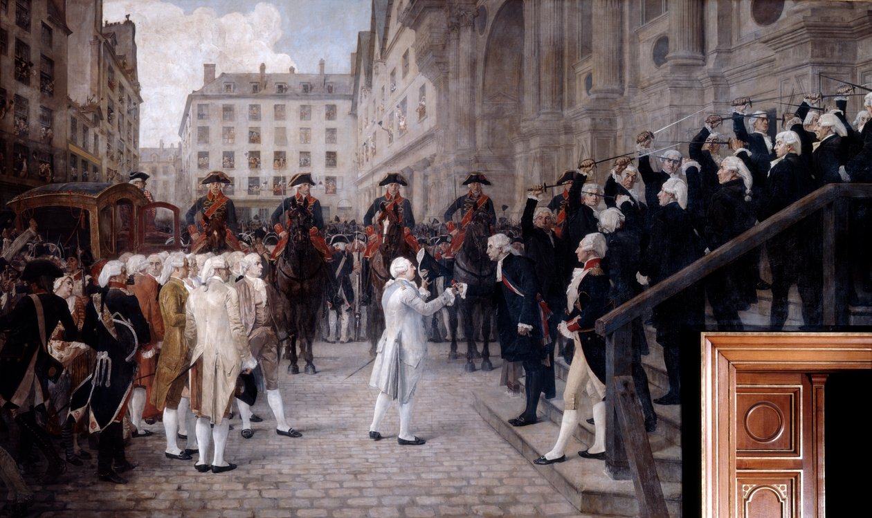 Ludvig XVI mottogs av den nya borgmästaren i Paris, 17 juli 1789, 1800-talets början av Jean Paul Laurens