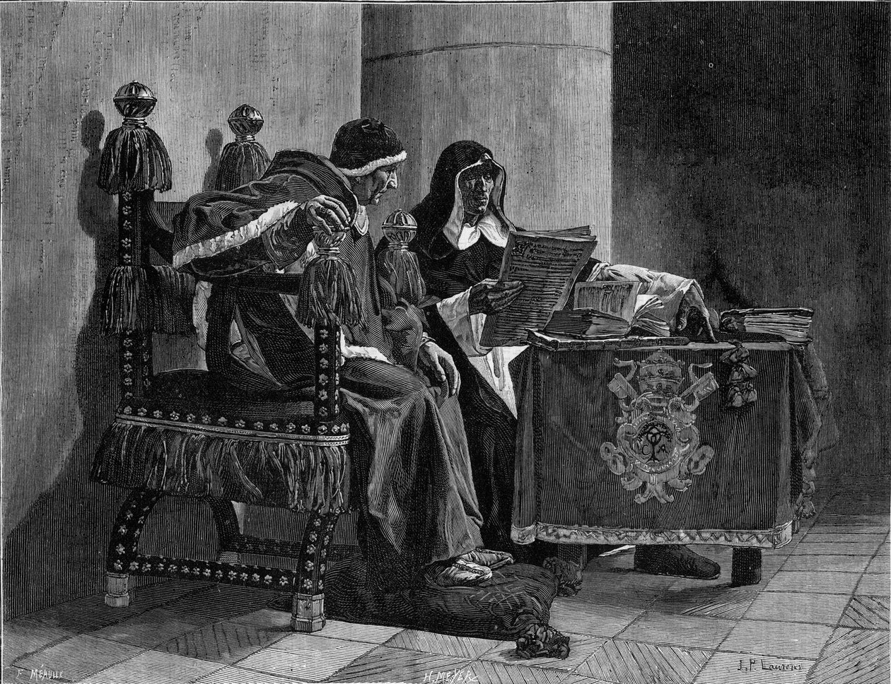 Påven och inkvisitorn säger också "Sixte IV (1471-1484) och Tomas de Torquemada (1420-1498)"" gravyr efter målningen av John Paul Laurens (1838-1921) av Jean Paul Laurens