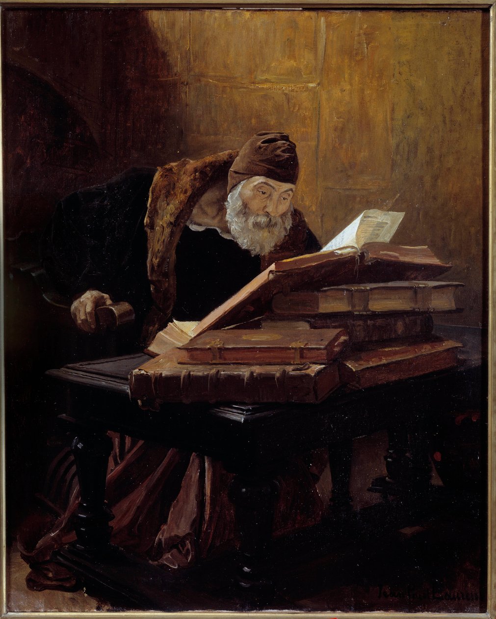 Den gamla vetenskapsmannen. Målning av Jean Paul Laurens (1838-1921) 1889. Olja på duk. Mått: 0,60 X 0,48 m. Toulouse, Musee Des Augustins - Den gamle vetenskapsmannen eller alkemisten. Målning av Jean Paul Laurens (1838-1921) av Jean Paul Laurens