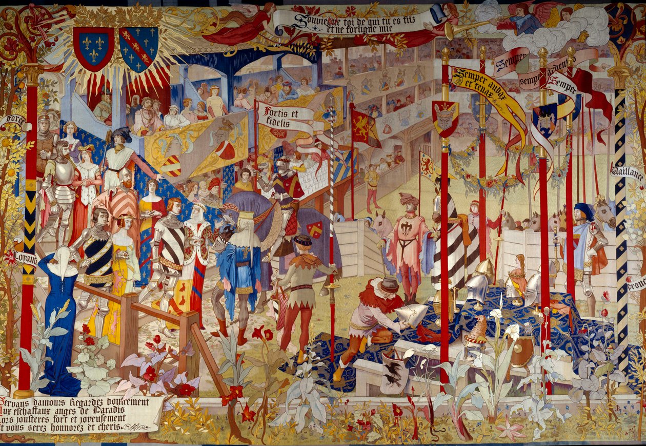 Turneringsscen i slutet av 1300-talet. Tapestry des Gobelins för att dekorera den offentliga salen i Archives Nationales i Paris med en kartong målad av konstnären Jean-Paul Laurens (1838-1921). av Jean Paul Laurens