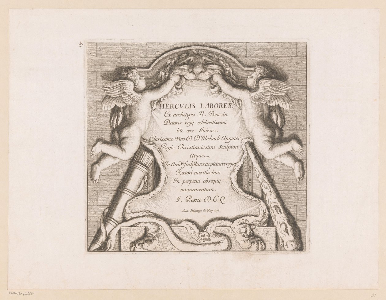 Titeltryck med två putti och Hercules attribut Labours of Hercules (serietitel) Herculis Labores (serietitel på objekt) av Jean Pesne