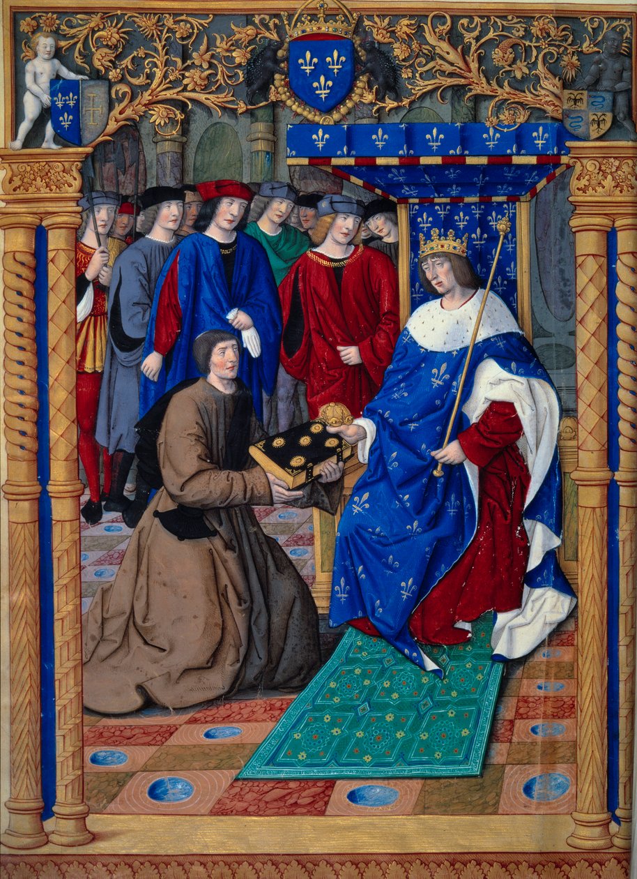Francesco Petrarca eller Petrarca presenterar sin bok för kungen av Frankrike Ludvig XII. I miniatyr i ""Remedier mot båda förmögenheterna. De remediis utriusque fortunae"" av Petrarch (1304-1374) och upplyst av Jean Pichore omkring 1503. Paris, NL av Jean Pichore