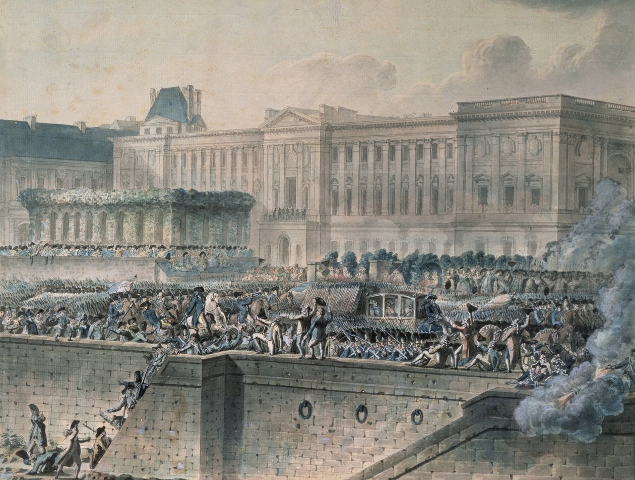 Ludvig XVI:s ankomst (1754-93) framför Louvren, 17 juli 1789 (wc und gouache på papper) av Jean Pierre Houel