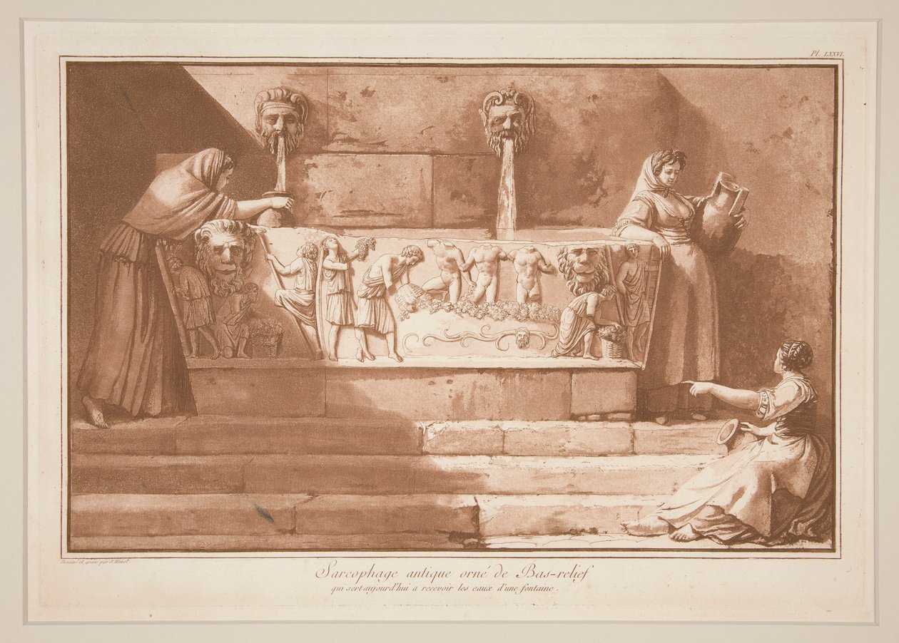 Antik sarkofag med basrelief av Jean Pierre Laurent Houel