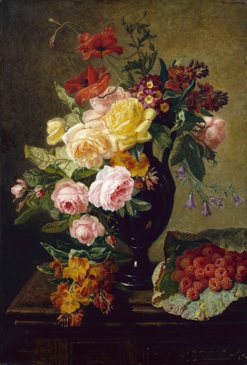 Rosor, vallmo, väggblommor i en vas med hallon (olja på duk) av Jean Pierre Lays