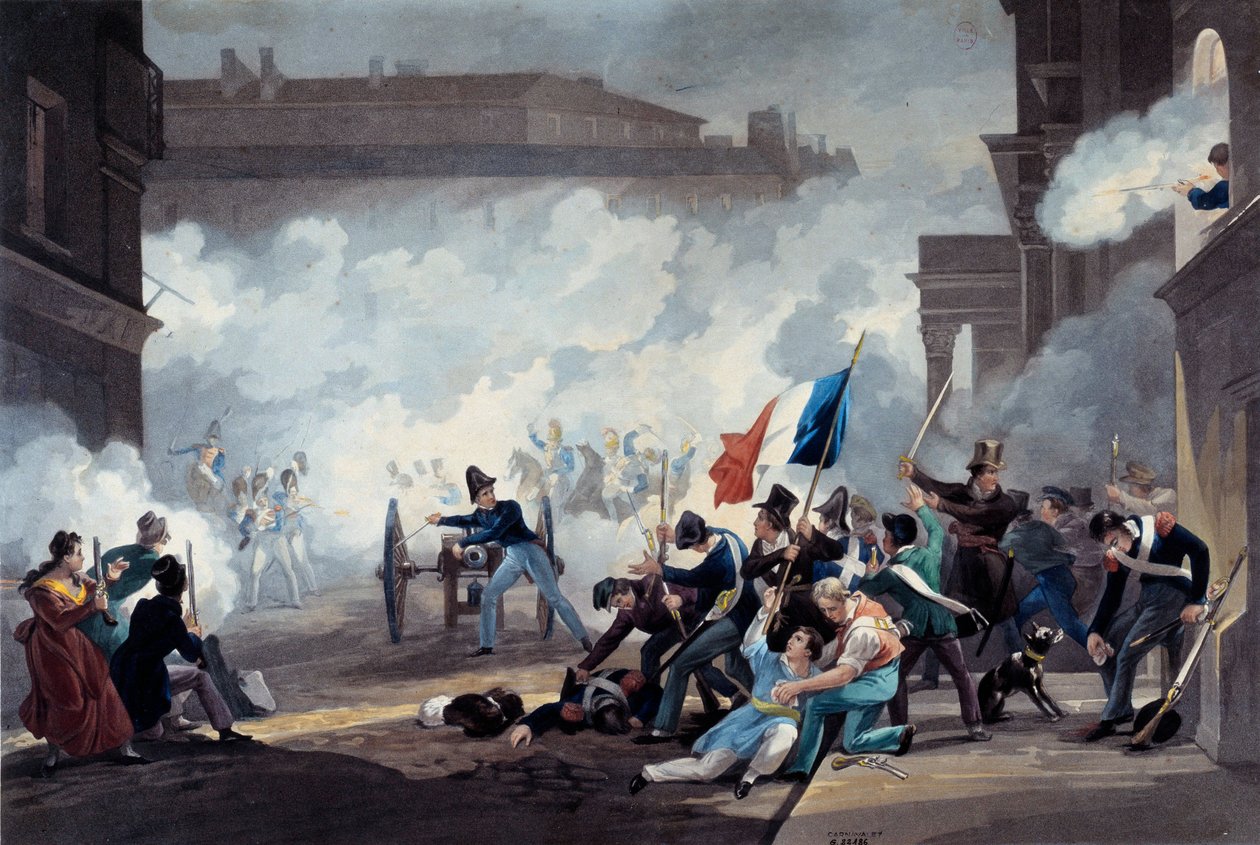 Revolutionen 1830: En student vid Ecole Polytechnique beslagtog en kanonbit under erövringen av Palais-Royal den 28 juli av Jean Pierre Marie Jazet