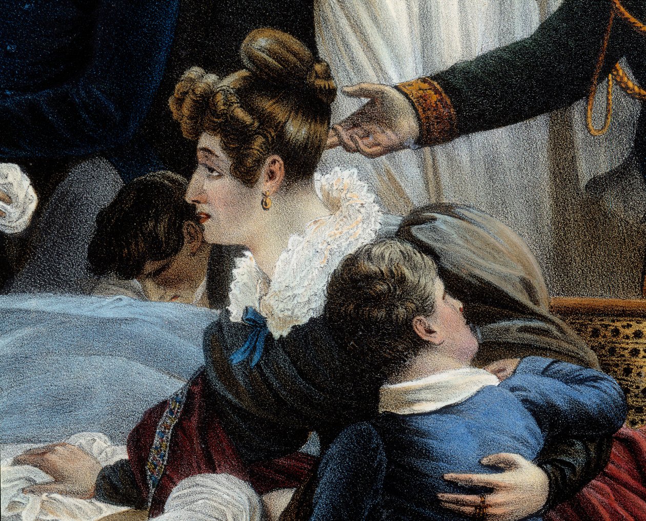 Napoleons död, 5/05/1821 i Saint Helenedetail som representerar Fanny Bertrand, fru till Henri Gatien Bertrand (1773-1844). Litografi av Jean Pierre Marie Jazet (1788-1871) baserad på målningen av Charles Auguste Steuben (1788-1856) Malmaison. Slott av Jean Pierre Marie Jazet