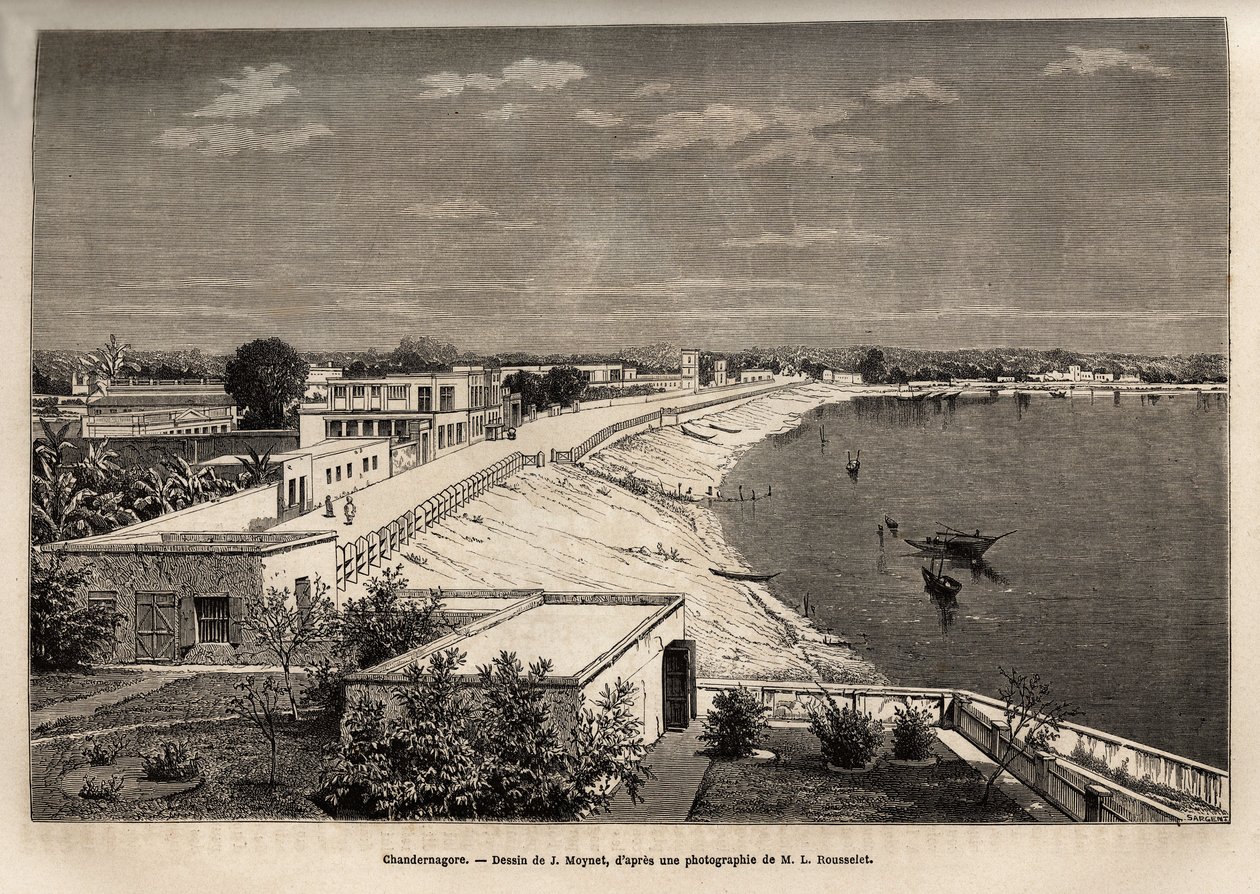 Chandernagor (nuvarande Chandannagar, i Västbengalen), på stranden av Ganges, gravyr efter teckningen av J. Moynet, som illustrerar rajahernas resa i Indien, 1864-1868, av Louis Rousselet, publicerad i "" Le tour du monde”” 1874, redigerad av Jean Pierre Moynet