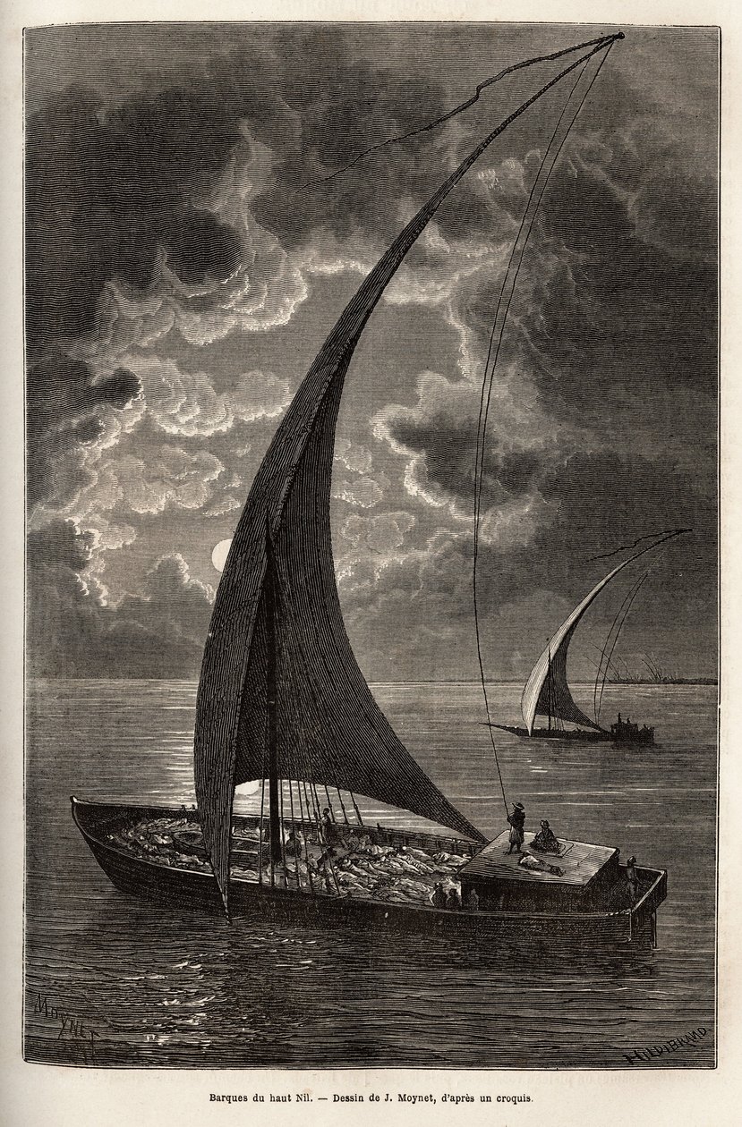 Les barques du haut Nile, reducerad besättning och passagerare som sover på däck, i månsken, gravyr efter J. Moynets teckning, som illustrerar resan till Afrikas hjärta 1868-1871, av Dr. Georges Schweinfurth, publicerad i "" Le tour du monde”” 1874, utg av Jean Pierre Moynet