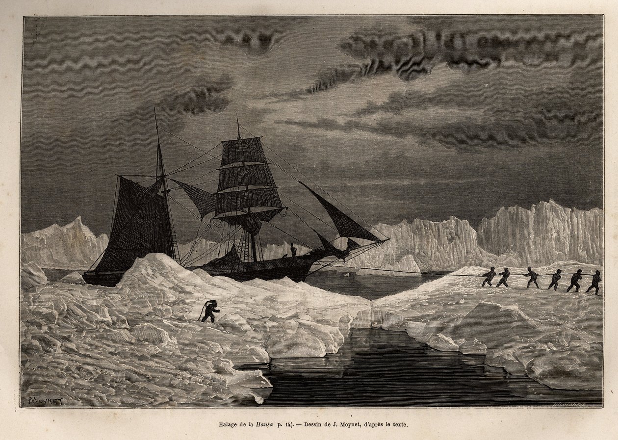 Transporten av det tyska fartyget La Hansa, av dess besättning, för att korsa en isbarriär till farbara vatten, graverad efter J.Moynets teckning, som illustrerar fartygens La Germania och La Hansas resa till Nordpolen 1869-1870, av Kapten Hegemann, utg av Jean Pierre Moynet