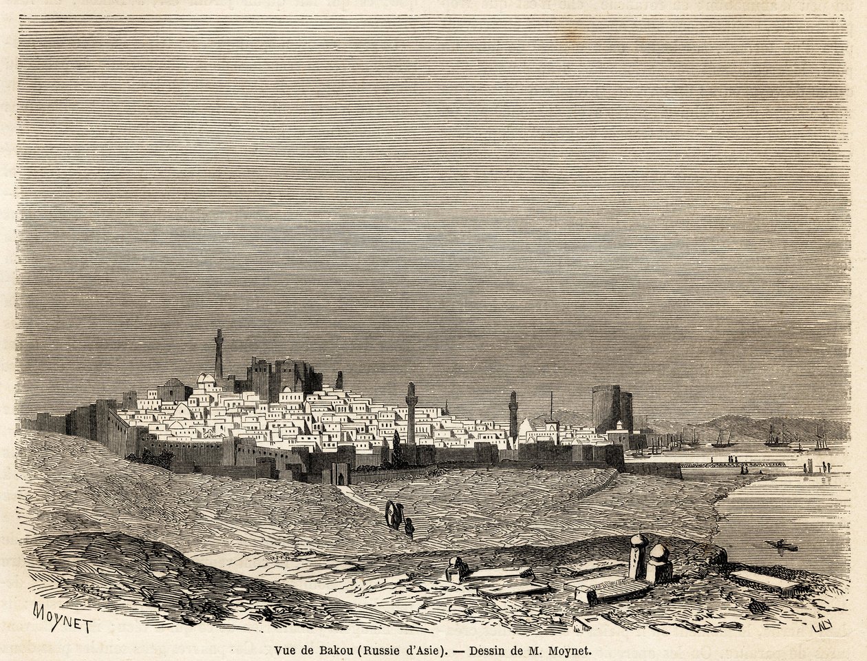 Vy över Baku (Ryssland, Azerbajdzjan), teckning av Mr. Moynet, för att illustrera resan till Kaspiska havets kust, i oktober 1858, av Mr. Moynet. Gravyr i "" Le tour du monde, nouveau journal des voyages"" Paris av Jean Pierre Moynet