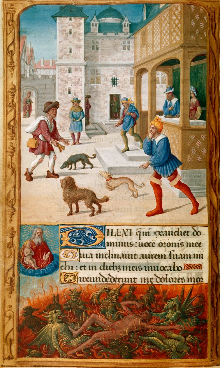 Yates Thompson 5, f.70v, Miniatyr med dyk, festar med sin fru och närmade sig av Lazarus, i en stadsbild, följt i den nedre gränsen av dyk plågade av demoner och bevakad av Lasarus själ, som hålls av Gud i himlen , och dekorerade ini av Jean Poyer