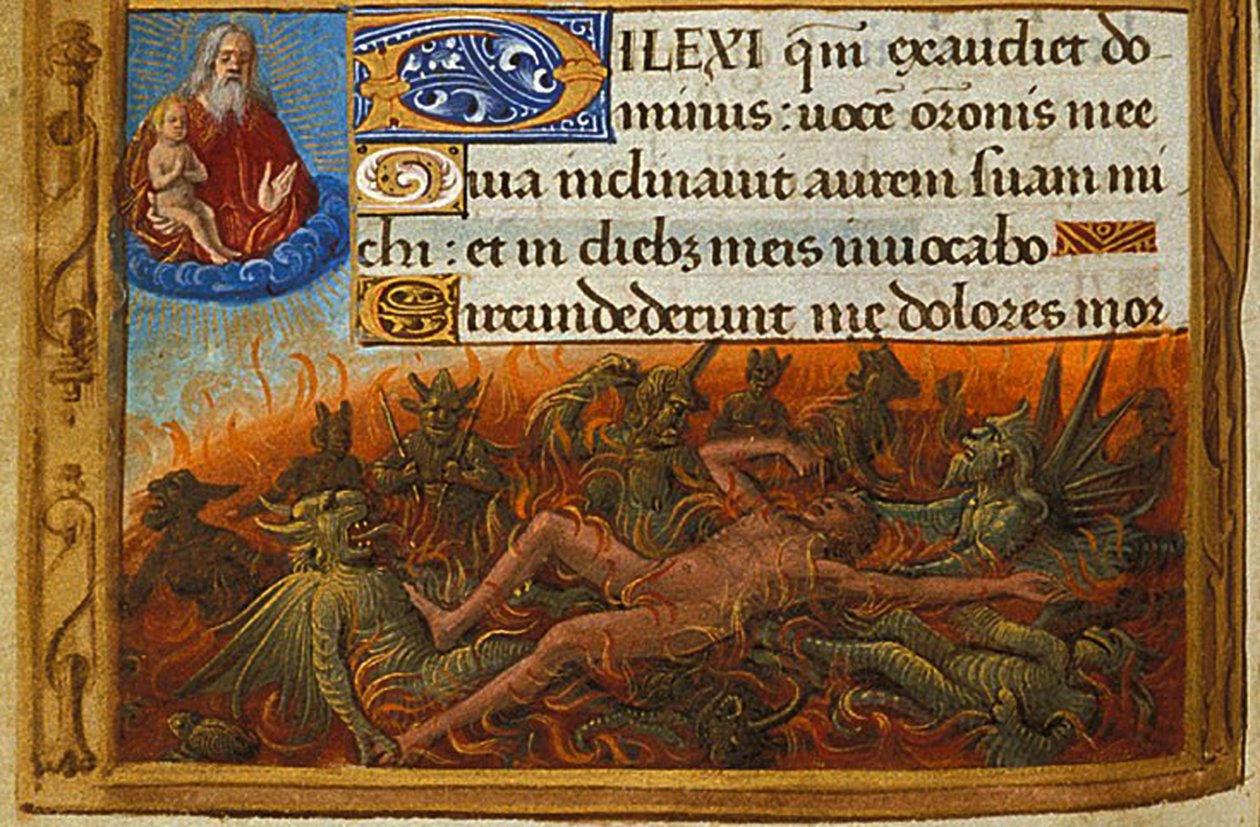 Timmebok, detalj: Dyk plågade av demoner och bevakad av Lazarus själ, ca. 1500 av Jean Poyet
