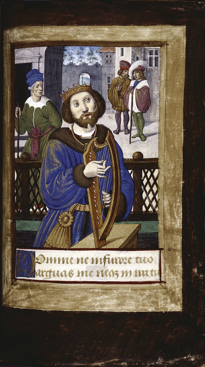 Kung David spelar på sin harpa från Lettres bâtardes, ca 1490-1510 av Jean Poyet