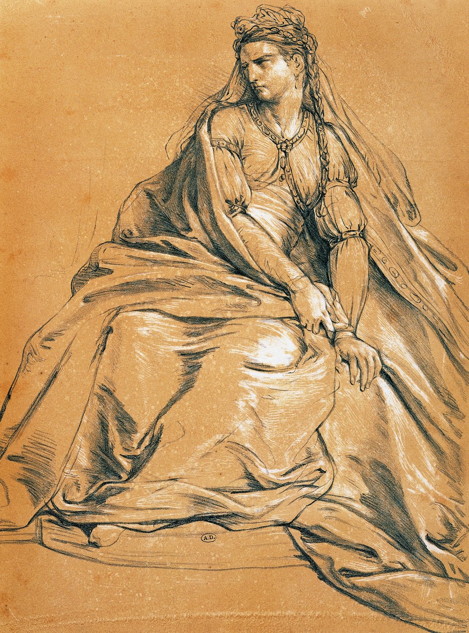 Skådespelerskan Adrienne Lecouvreur (1692-1730) i titelrollen Andromaque, av Jean Racine (1639-1699), teckning, Frankrike av Jean Racine