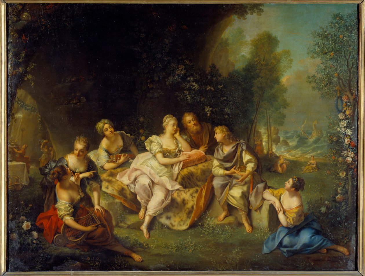 Telemaque berättar om sina äventyr i Calypso Illustration för "The Adventures of Telemaque" av Francois de Pons de Salignac de La Mothe-Fenelon (Mothe Fenelon). av Jean Raoux