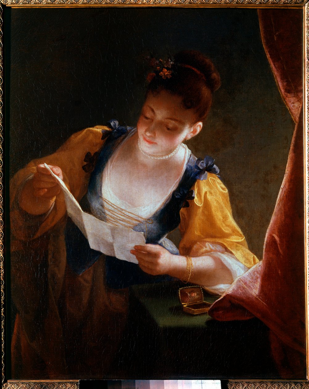 Ung kvinna läser ett brev Målning av Jean Raoux (1677-1734) 1700-talets sön. 0,99x0,81 m av Jean Raoux